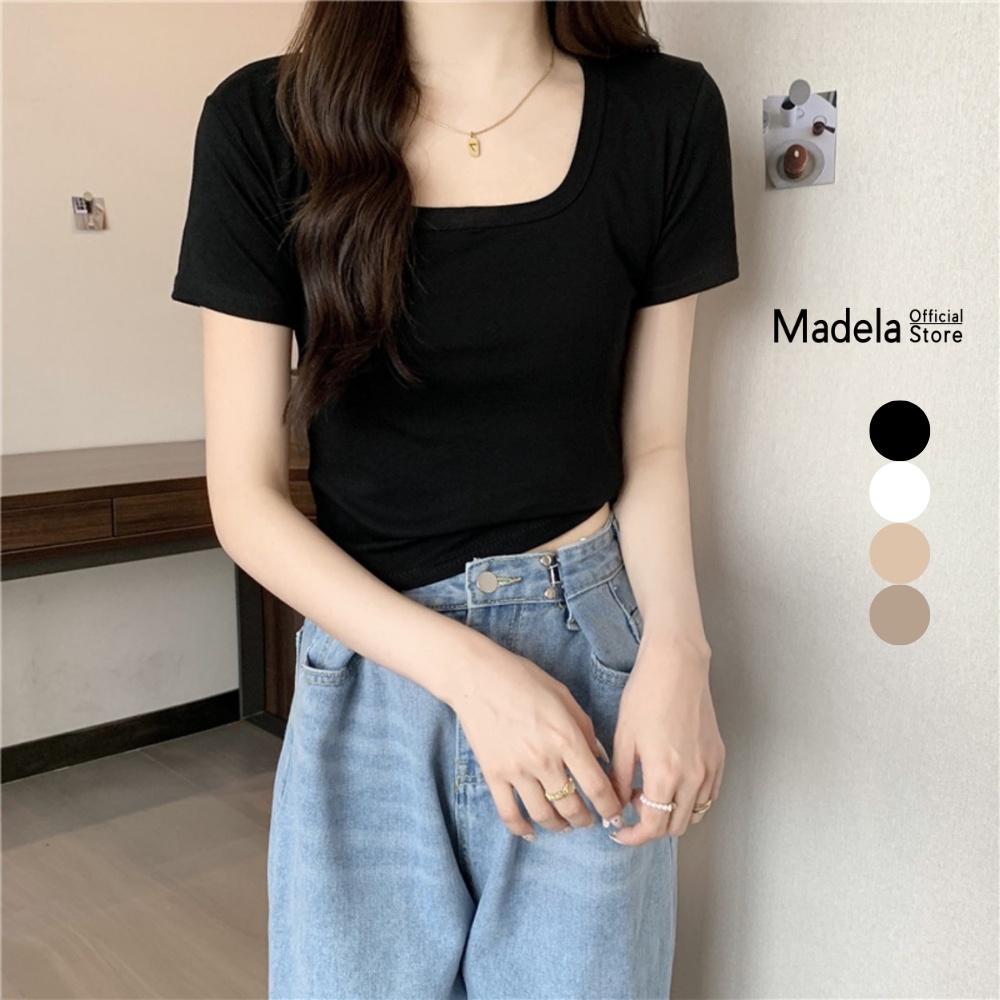 Áo Thun Trơn Cổ Vuông Madela Dáng Croptop Trẻ Trung Năng Động, Áo Cổ Vuông Croptop Ngắn Tay Phong Cách Basic Cho Nữ