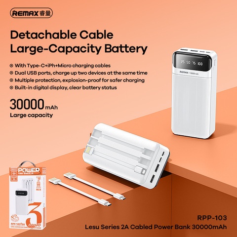 (BH 12 THÁNG) Sạc dự phòng 30.000mah, pin dự phòng dung lượng cao Remax RPP-103, tặng kèm 3 dây sạc