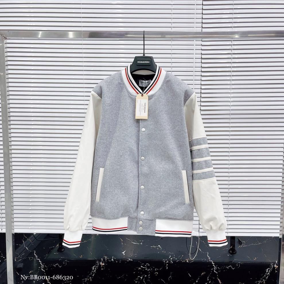 Hang QC Áo Khoác Nỉ Bomer THOM Viền Tay 3 Vạch - Áo Bomber Dạ Nỉ THOM Cực Chất d