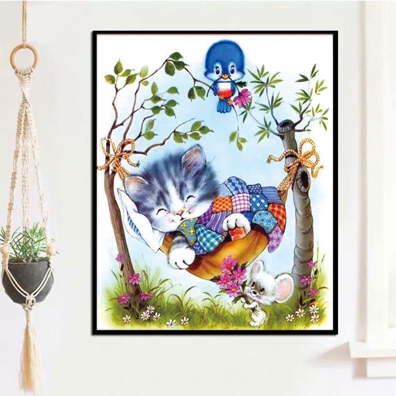 (VẢI KIM TUYẾN 9CT) Tranh thêu chữ thập mèo dễ thương J8044