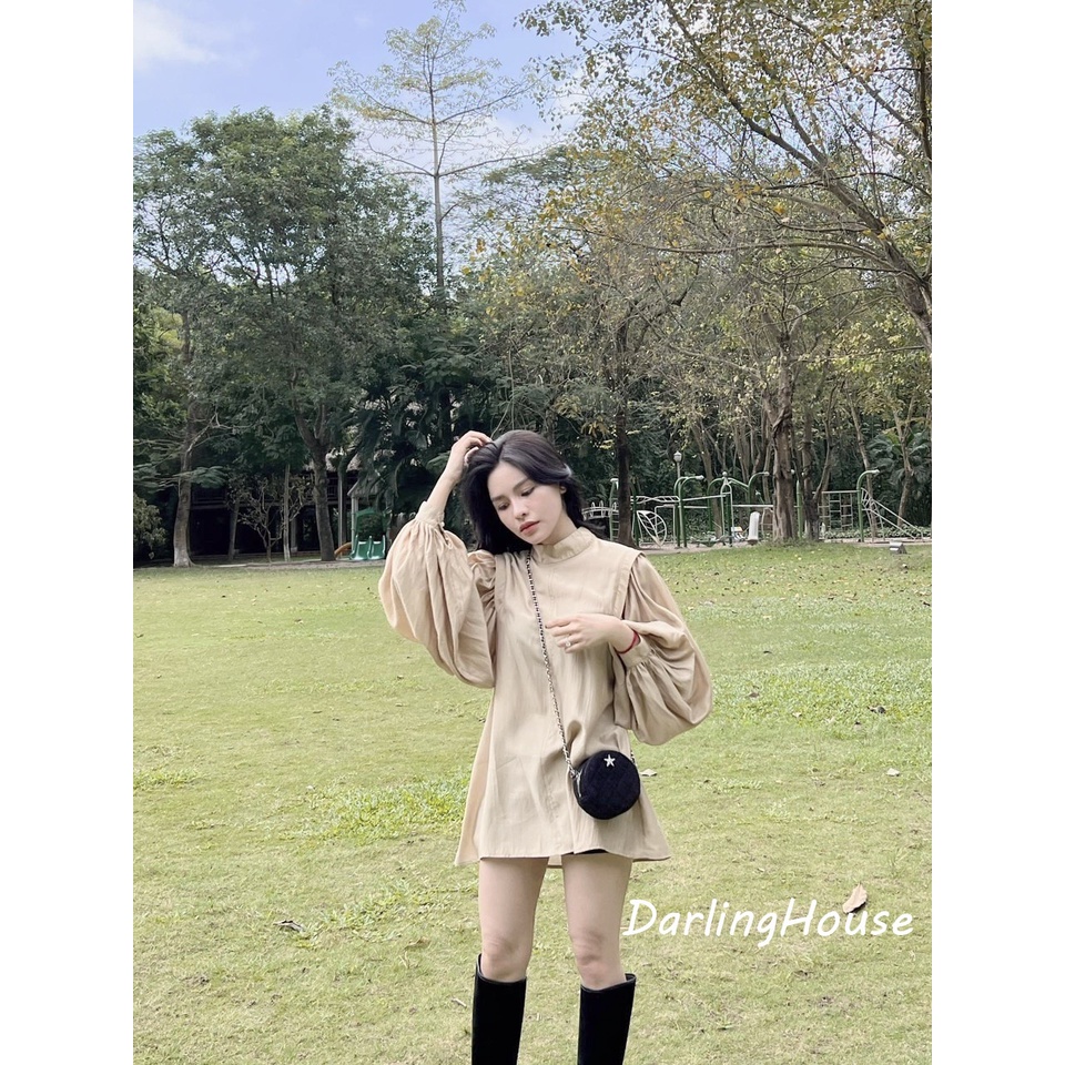 Áo sơ mi nữ dài tay khoá sau, Áo sơ mi tằm dài tay cổ lọ, Áo kiểu nữ màu nâu be dài tay dáng suông