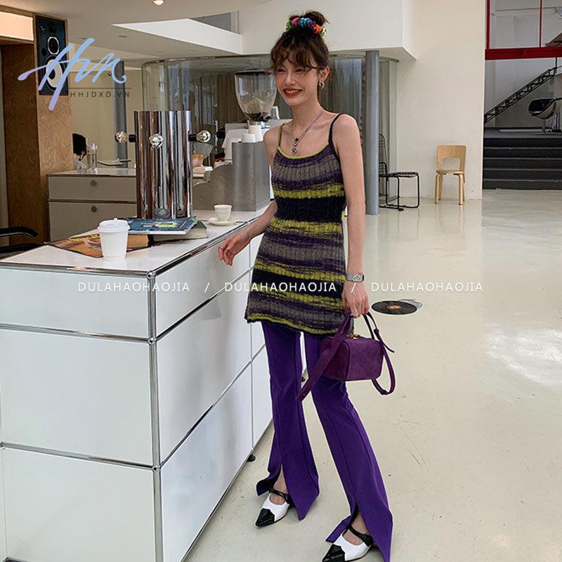 Áo Dệt Kim Hai Dây Dáng Rộng Họa Tiết Kẻ Sọc Màu Sắc Tương Phản Phong Cách Hong Kong Thời Trang Mùa Xuân 2023