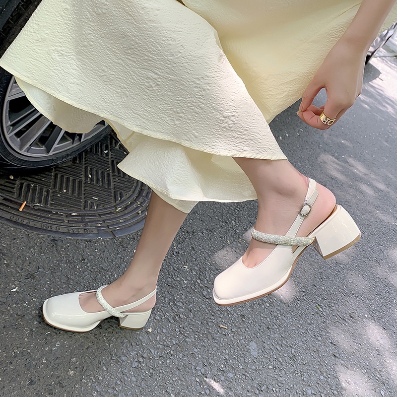 Giày búp bê cao gót một từ với gót dày quá giang cổ tích thiết kế phong cách cổ tích thích hợp Giày cao gót Baotou