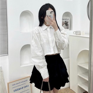 Áo sơ mi trắng croptop tay dài túi vuông, áo trắng basic đơn giản hot 2023 ảnh thật lekemqc