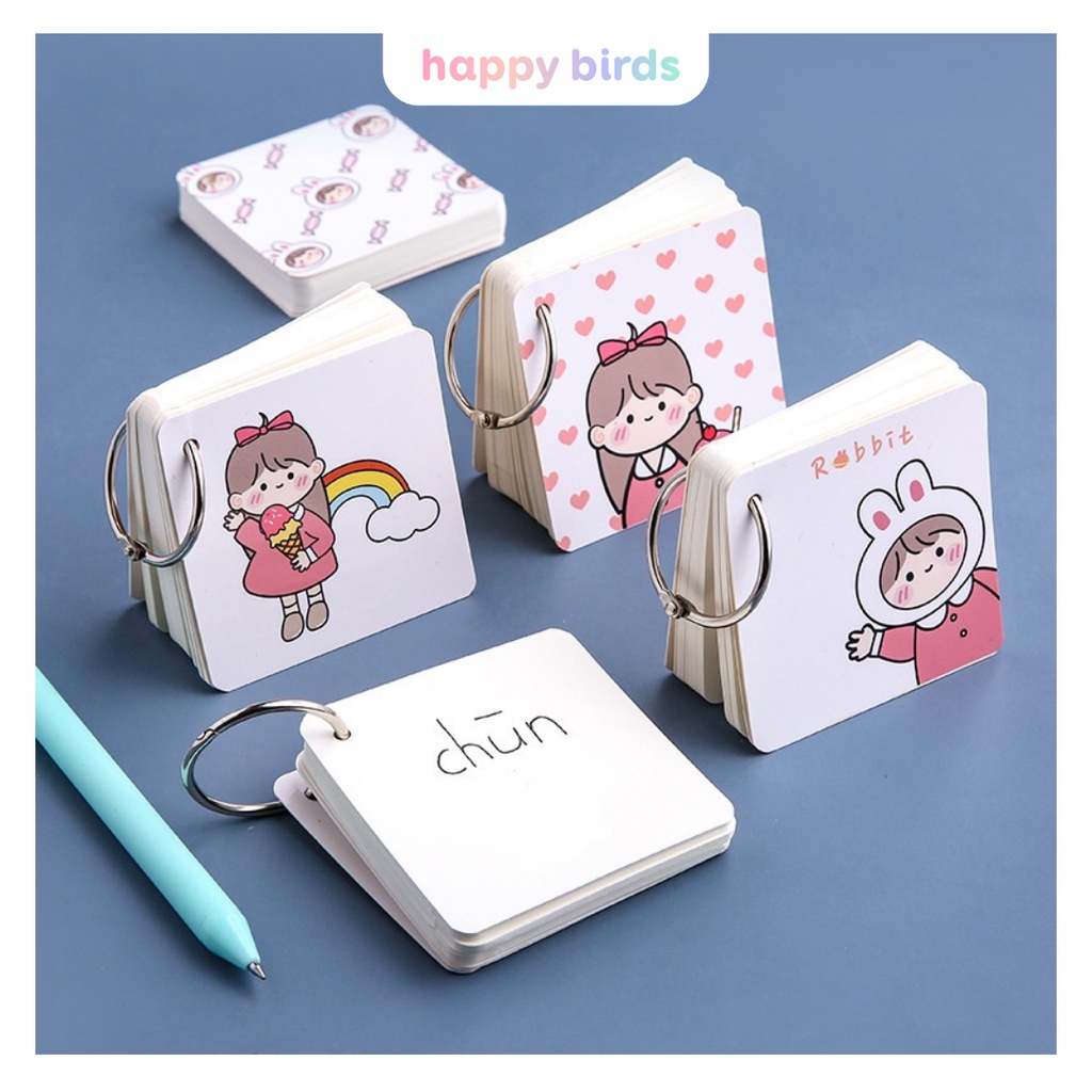 Flashcard học từ vựng dễ thương trắng 80 tờ 7x7cm flashcards ghi chú note vuông thẻ học từ vựng tiếng anh HappyBirds