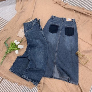Chân váy jean trơn xẻ sau RKI