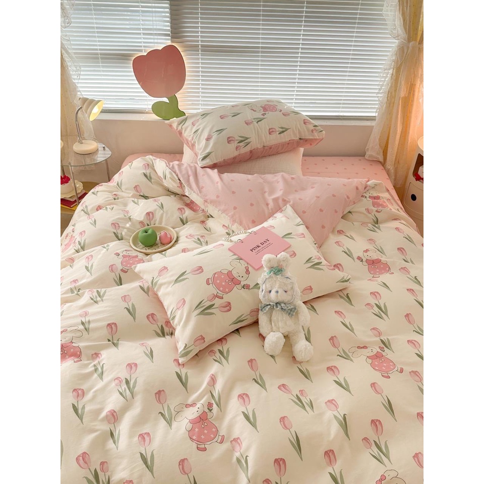 Chăn Ga Gối Cotton Living " TUY LÍP HỒNG " - Bộ Chăn Ga Gối Cotton 100% Nhập Khẩu 4 món