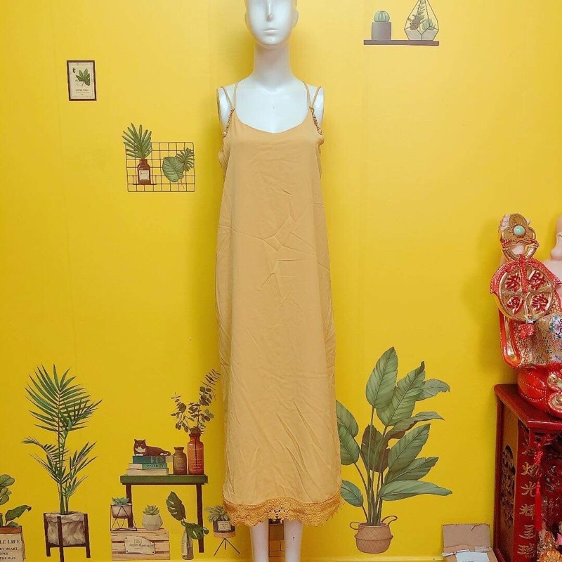 đầm 2 dây suông vàng phối ren đồ si nữ 2hand