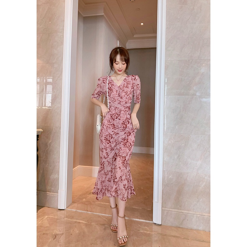 ZYHT Đầm Voan Hoa Xếp Ly Ôm Dáng Phong Cách Thời Trang Nữ 4864