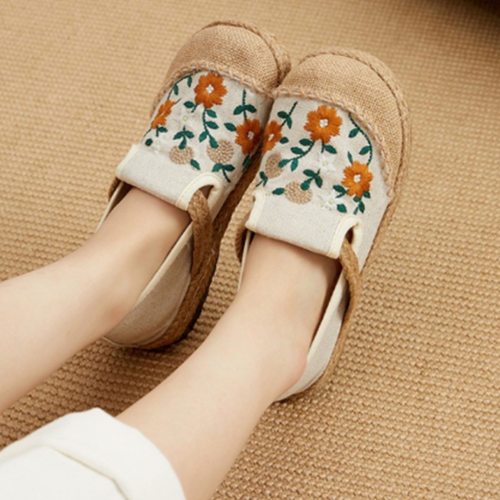Thonglor Shoe Giày bít mũi bằng vải lanh có ống hút Phẳng thoáng khí Mềm nhẹ nữ thêu hàng ngày run 2 u