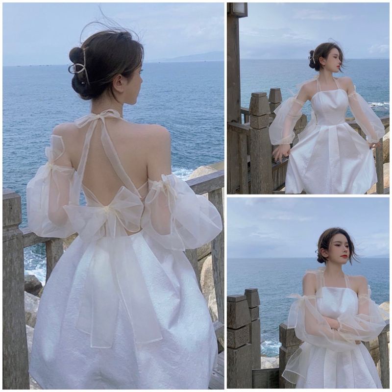 Váy yếm nơ lưng tay rời ,đầm công chúa cổ yếm cột nơ tiểu thư ulzzang hàn quốc sanh chảnh ANIESHOP688