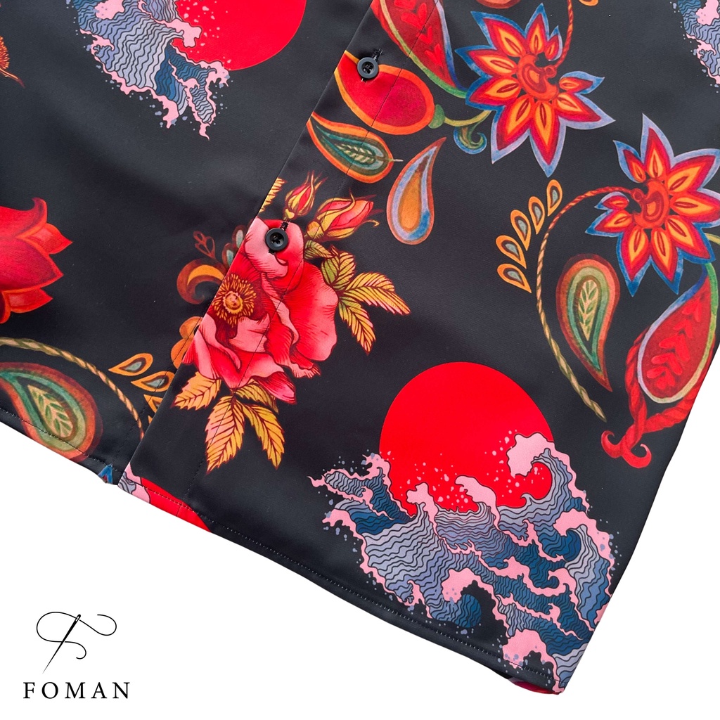 Áo Sơ mi Nam hoạ tiết Asian Sign Á Châu FOMAN tay ngắn vải Lụa, thoáng khí, thấm hút, chống nhăn, chống nhàu (FM-36)