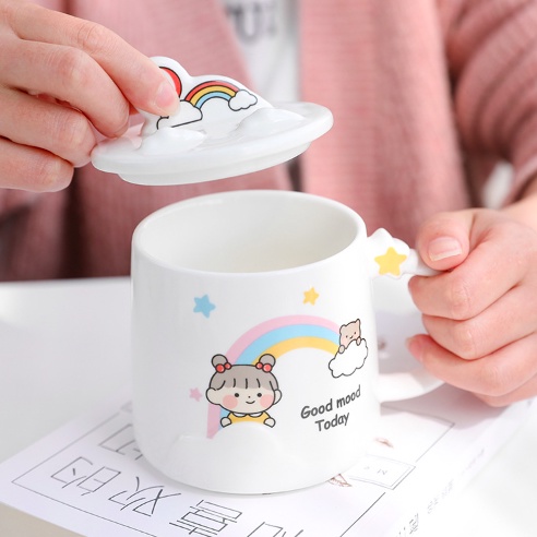 Cốc ly sứ Good Mood họa tiết cầu vồng dễ thương kèm nắp, thìa Cốc Cốc uống nước, pha trà, cà phê, quà tặng bạn bè