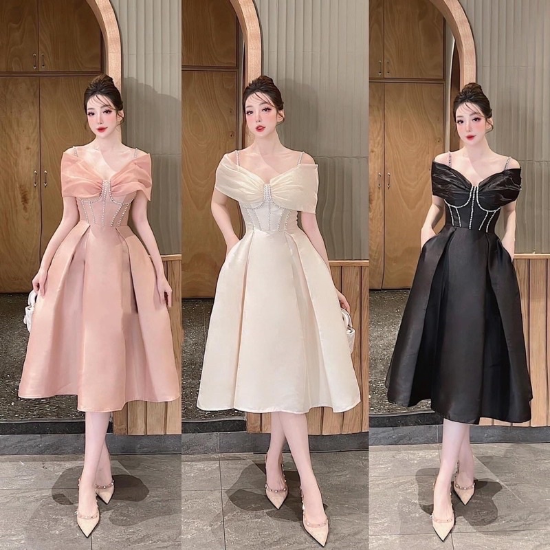 Đầm Bigsize dự tiệc, váy đầm nữ thời trang đính đá 2 dây chất tapta thiết kế nơ voan to bigsize 50-90kg vừa
