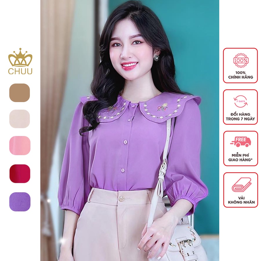 Áo sơ mi công sở nữ tay phồng thêu viền mai CHUU A8215