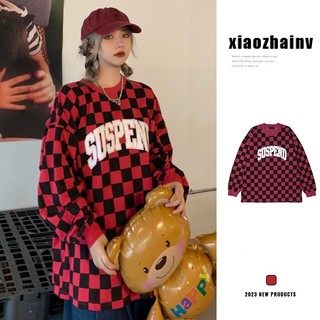 Áo sweater tay dài dáng rộng kẻ sọc caro thời trang Mỹ cổ điển cá tính cho nữ Xiaozhainv