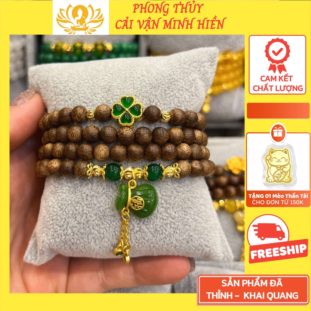 Vòng Tay Trầm Hương Mix Cỏ 4 lá Và Túi Tài Lộc bạch ngọc