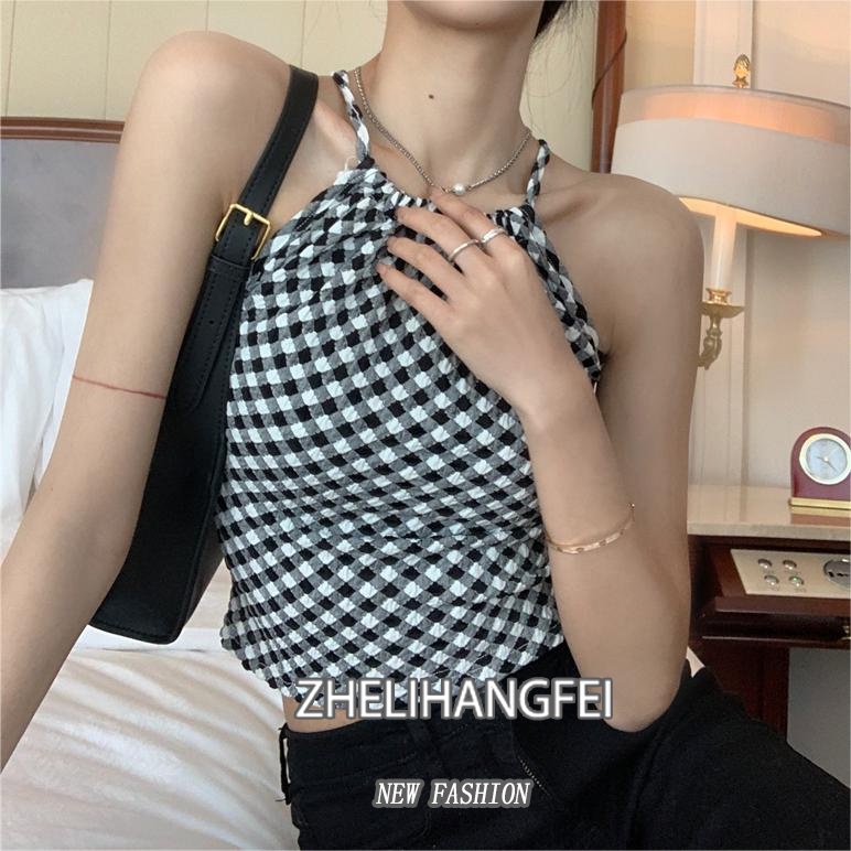 Áo croptop ZHELIHANGFEI dệt kim cổ yếm hai dây gợi cảm thời trang cho nữ