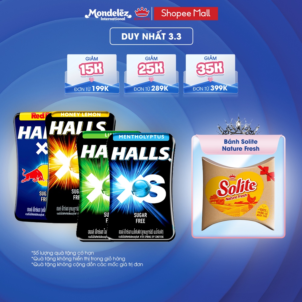 Combo 4 Hộp Kẹo Ngậm Không Đường Halls Xs Hương Chanh-Bạc Hà-Mật Ong-Redbull 13.8G/hộp