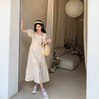 Đầm ulzzang dáng dài maxi Junstore, váy cổ vuông cộc tay bồng, họa tiết nhí, xẻ chân, lót thô boil 00279