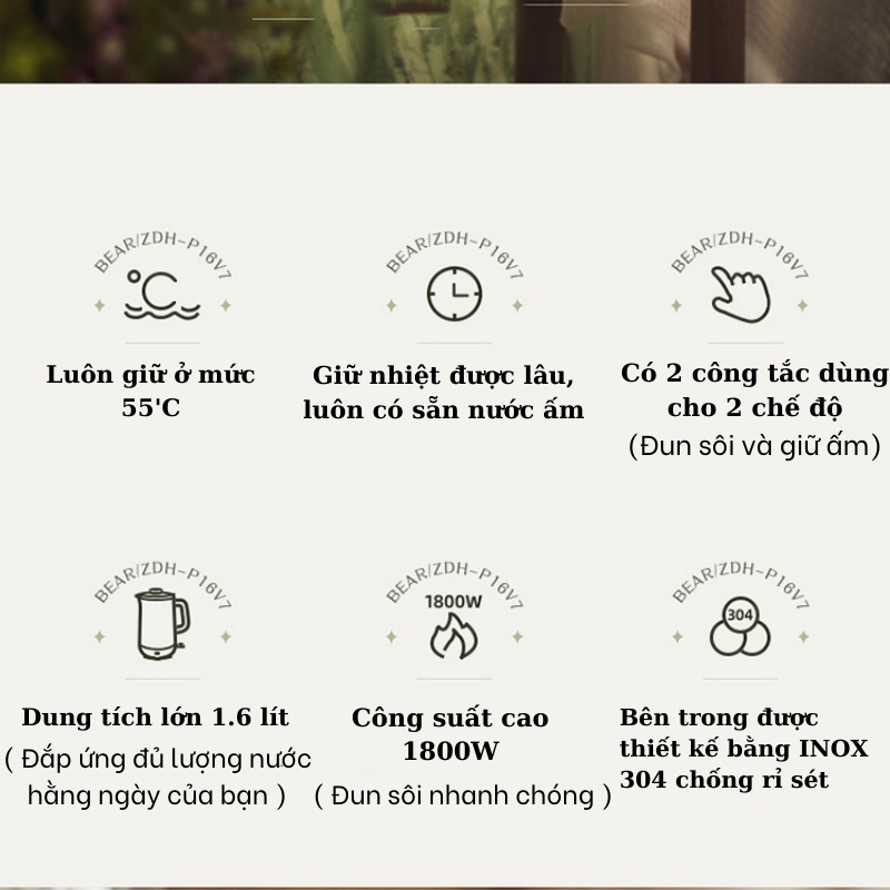 Ấm siêu tốc Bear P16V7 1.6L, 1800W.  Bình đun siêu tốc lõi inox cao cấp công nghệ làm nóng nhanh chóng an toàn. BH 12th