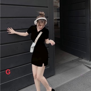 Đầm cổ bẻ tay ngắn xẻ tà nhẹ ôm body trơn cực xinh , chất thun gân mềm mịn
