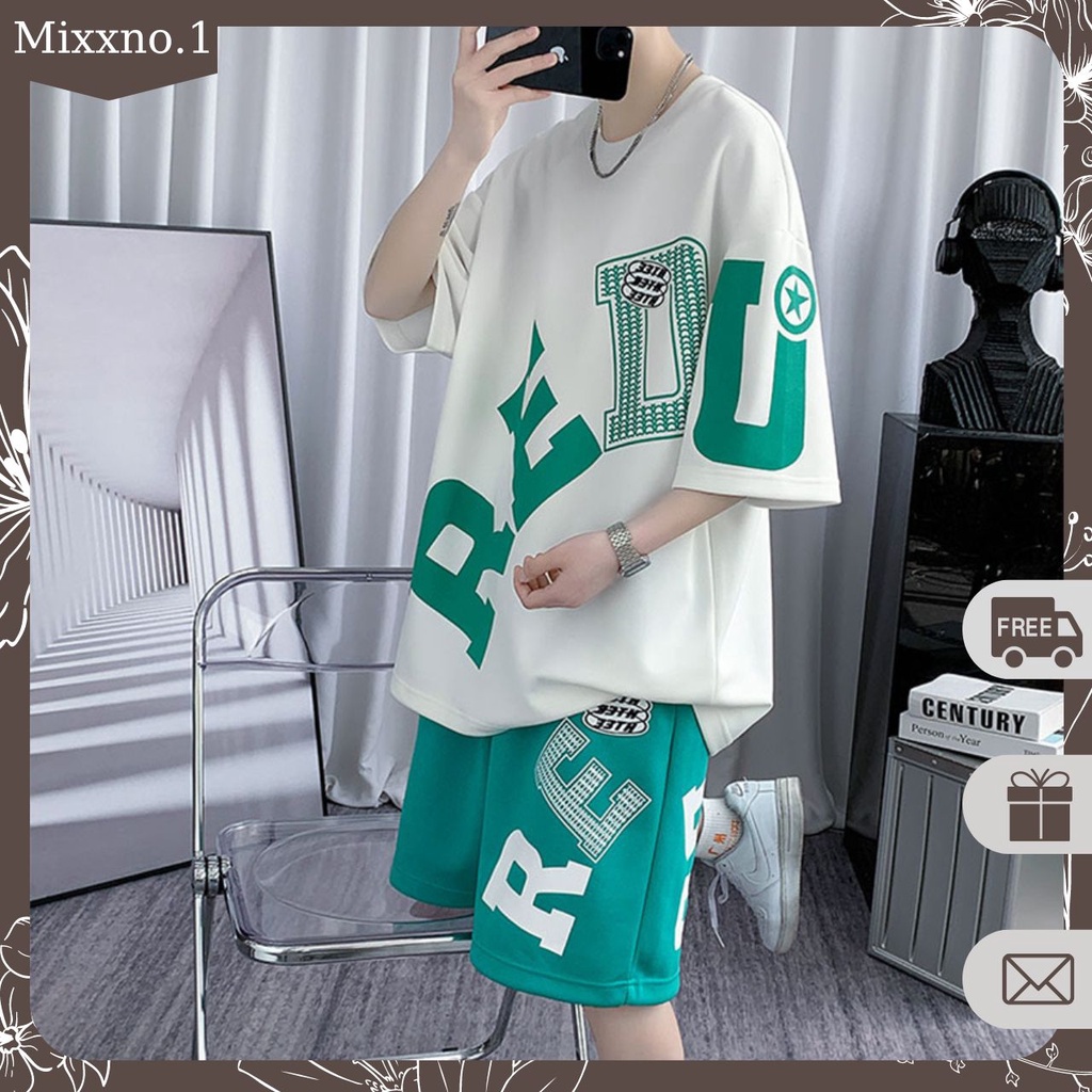 Bộ Đồ Nam Mùa Hè Áo Thun Tay Ngắn Cổ Tròn Kèm Quần Short Hình In Lớn REDU Thời Trang Mixxno.1 QA NAM 135