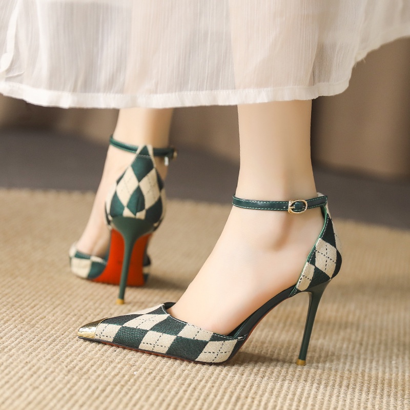 Giày cao gót nhọn nữ 8 phân kẻ caro bít gót bít mũi nhọn bọc kim loại hàng Quảng Châu cao cấp full box- Mã BQ0037