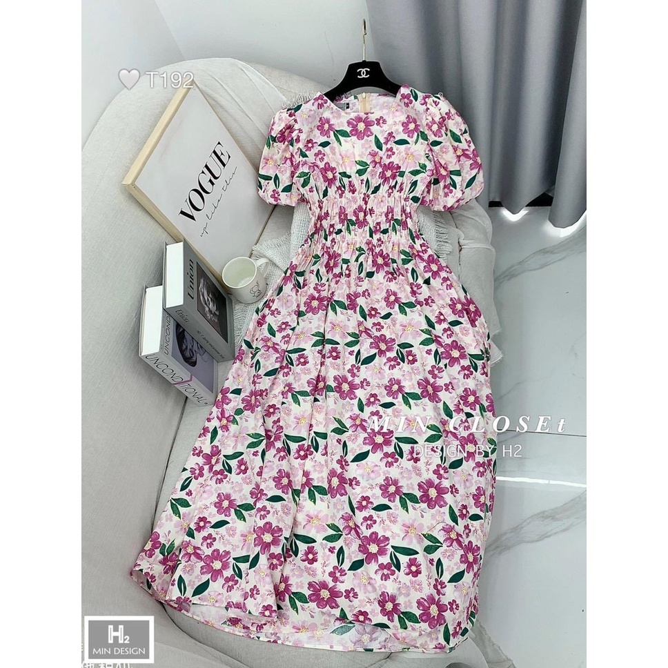 Đầm Váy Hoa Nhí Phối Nhún Eo Cổ Bèo Tay Bồng Dáng Babydoll Vải Thô Mát Hàng Đẹp Chuẩn Hình Thật