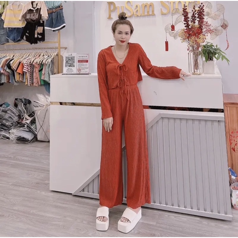 Set Bộ Thun Xốp Nhăn Thắt Cột Nơ Ngực Kèm Quần Xuông