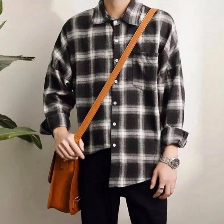 Áo Khoác Tay Dài Nam Nữ Flannel sơ mi sọc caro đen trắng