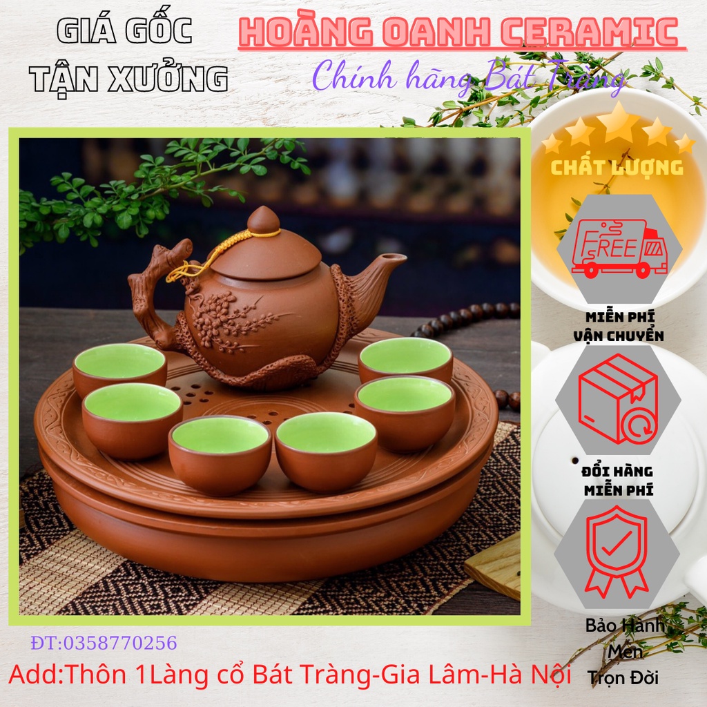 Ấm chén Tử sa Bát Tràng-đất nung đỏ,hàng chuẩn,giá nhà lò.Bộ đắp hoa lan,khay tròn 2 ngăn
