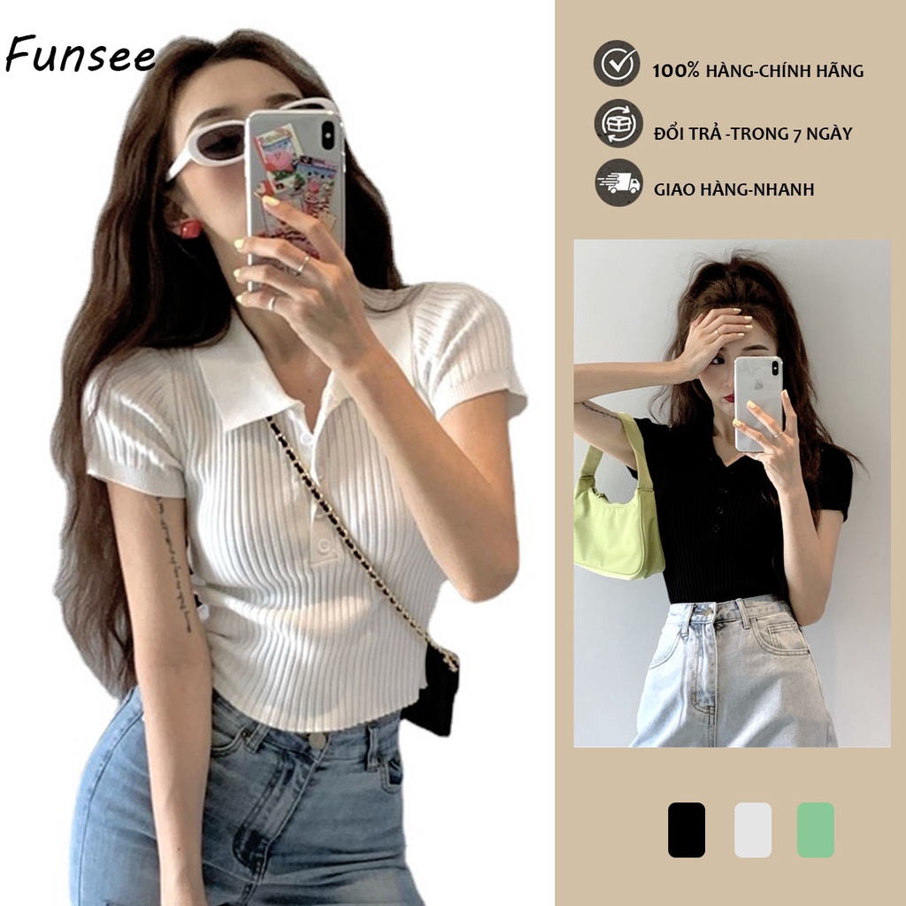 Áo crt polo áo croptop dệt kim tay ngắn cổ polo thời trang hàn quốc áo kiểu nữ chất thun gân eo siêu xinh áo kiểu nữ ô