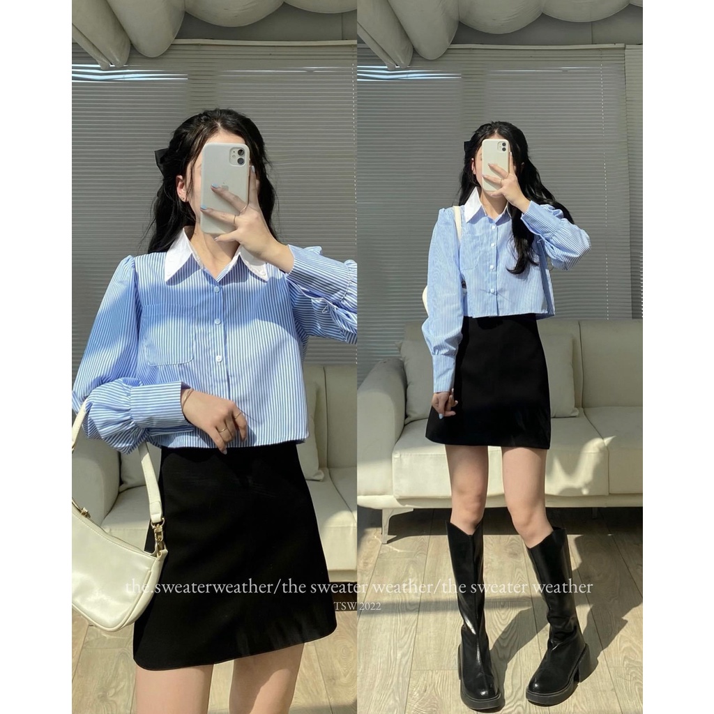 Sơ mi croptop kẻ không nhăn siêu xinh Hari GenZ 86112