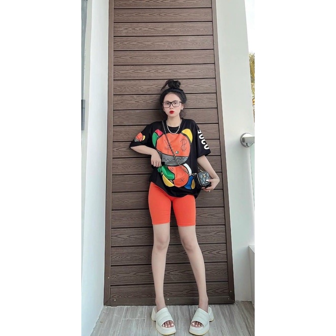 [3.3 Sales Freeship] Set bộ thun ngố đi chơi, set áo thun đen from rộng in hình gấu to phối quần lửng cam dễ thương