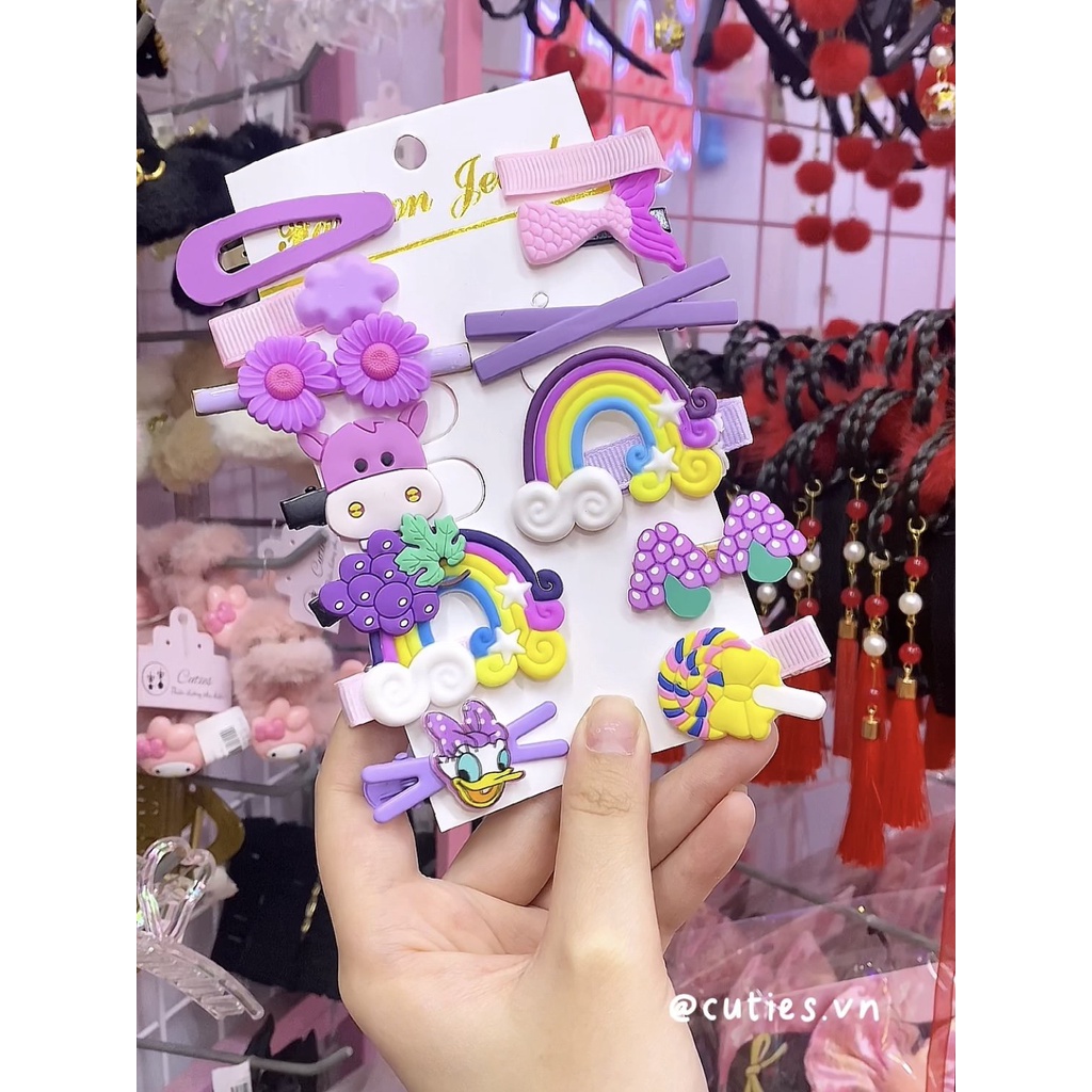 Set Bộ kẹp tóc công chúa bằng vải lông dễ thương họa tiết hoạt hình cho bé gái