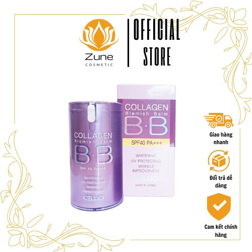 Kem Nền BB Collagen Cellio Tím Hàn Quốc Cream Collagen Blemish Balm BB Spf 40 Pa+++ Tone sáng, chống nhăn, chống lão hóa