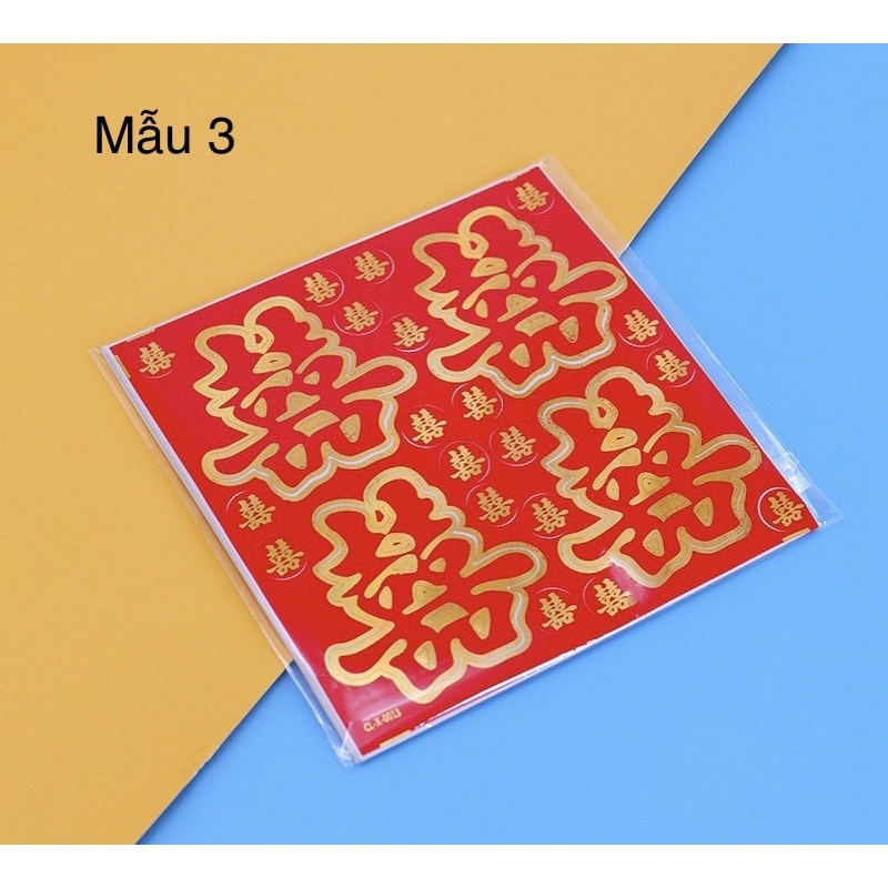 Decal hỷ vuông trang trí vật dụng ,trái cây ngày cưới có sẵn keo có thể dán ly , chén , đĩa ngày