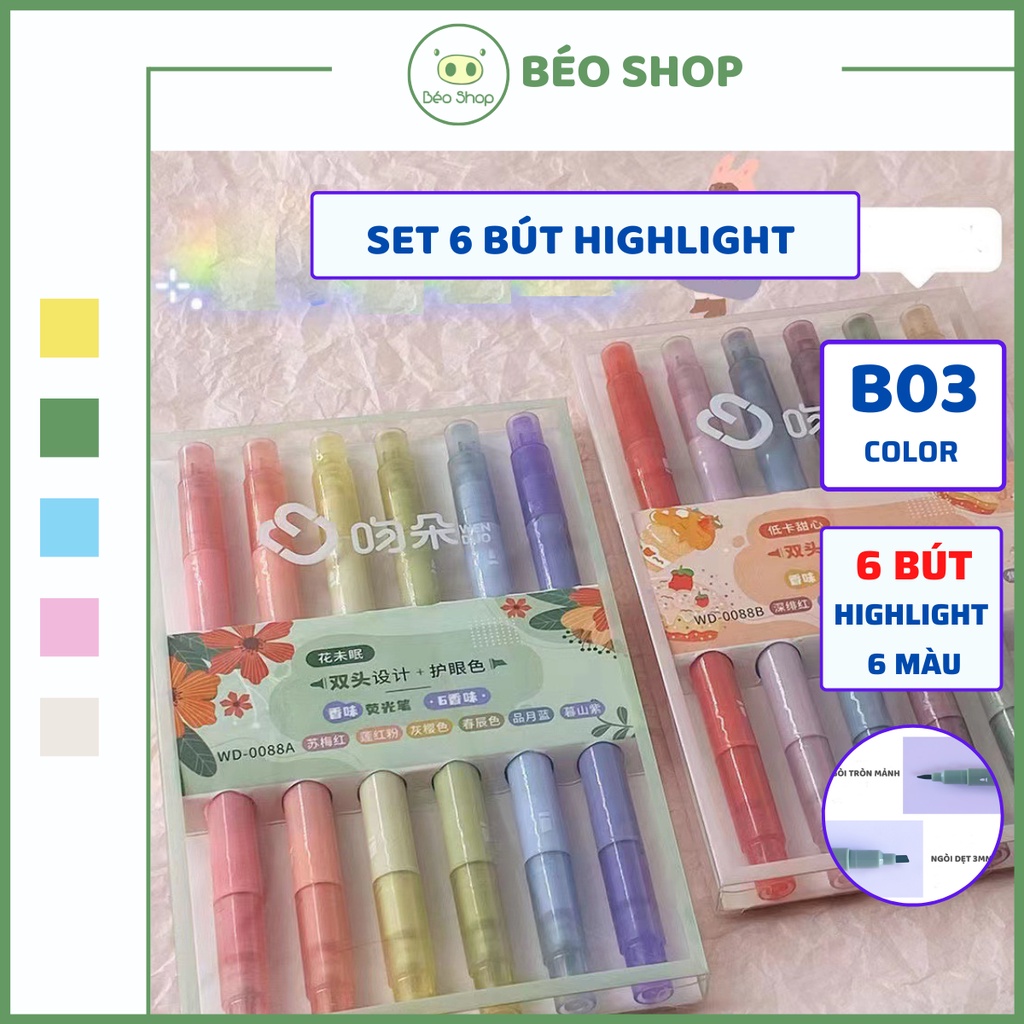 Set 6 bút highlight 2 đầu 6 màu retro Béo shop