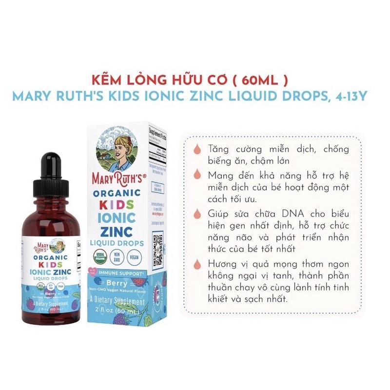 Kẽm hữu cơ Mary Ruth’s cho bé Mary Ruth’s Organic Ionic ZinC Liquid Drop 60ml