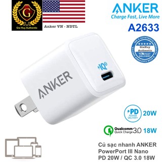Củ sạc nhanh ANKER A2633 PowerPort III NaNo PIQ 3.0 20W - Hàng chính hãng uỷ quyền