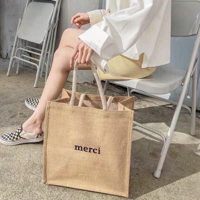 Túi cói merci đi du lịch loại 1 túi to lót dày dặn ko bán hàng loại 2 nhe có bọc nâu bên ngoài