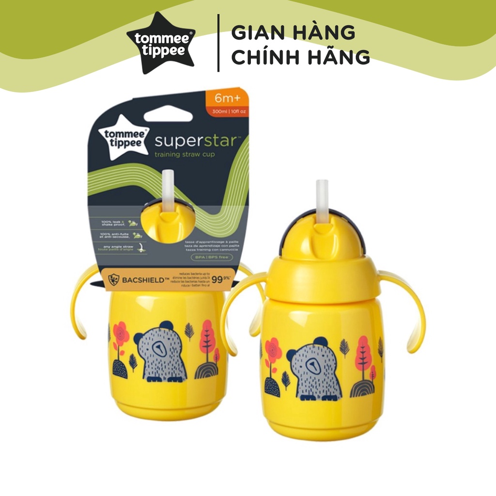 Bình tập uống nước có ống hút đáy nặng kháng khuẩn chống tràn, chống sặc cho bé Tommee Tippee SuperStar – Vàng