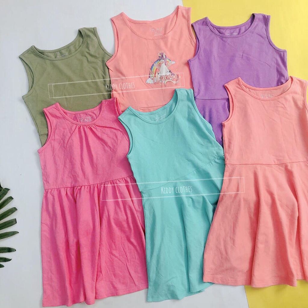 Váy cotton bé gái mặc hè thoáng mát size nhí màu sắc tươi sáng mẫu trơn và họa tiết/Đầm cotton mặc hè bé gái