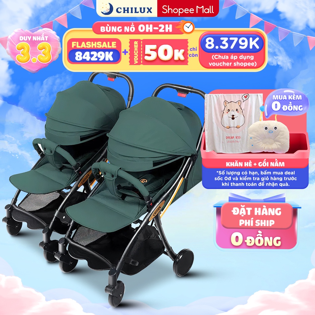 Xe đẩy đôi cho bé gấp gọn CHILUX D23 - Gồm 2 xe đẩy đơn D23 và bộ 3 thanh nối, bảo hành chính hãng 3 năm
