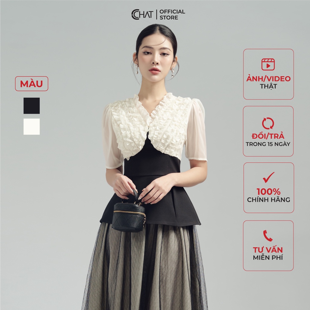 Áo Kiểu Nữ 𝐂𝐂𝐇𝐀𝐓 Cổ V Bèo Thân Tà Peplum Chất Tuytsi Hàn Mềm Mịn 53ANS8002PT