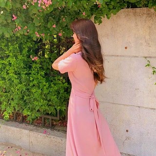 Đầm hồng ruốc cổ tròn chéo eo
