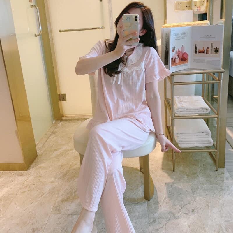 Bộ bầu trước và sau xinh phối cổ ren bèo xinh xắn,Freesize 3 màu xanh,vàng,hồng chất đũi xốp