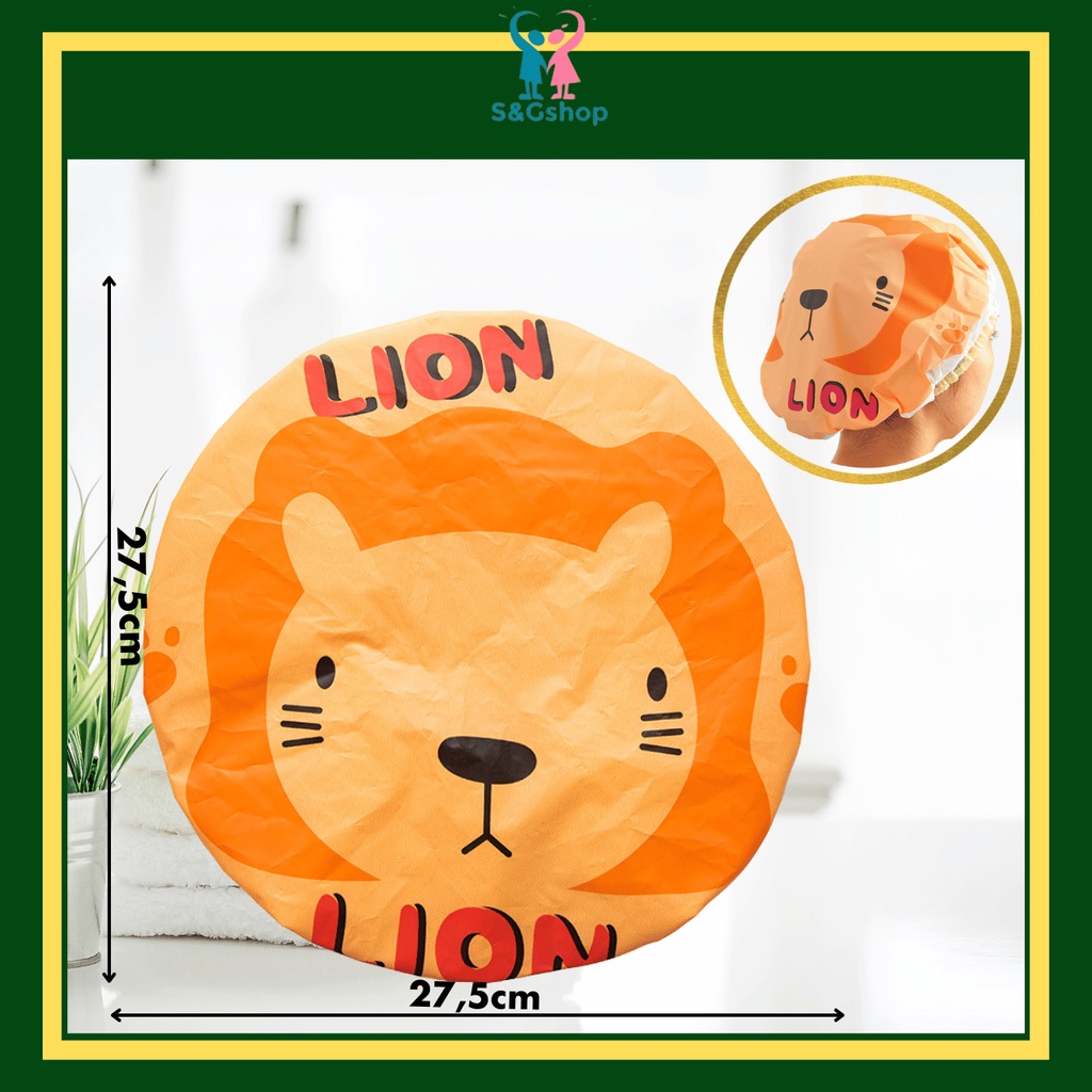 Mũ trùm tóc, nón ủ 2 lớp chống thấm nước tắm gội, rửa mặt, trang điểm, hấp dầu S&G họa tiết sư tử màu cam xinh xắn