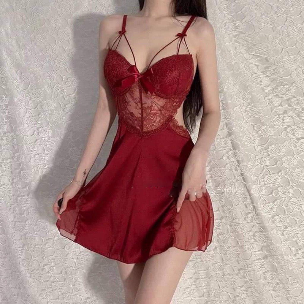 Váy ngủ lụa có gọng mút nâng đẩy ngực phối ren dây đan ngực sexy THE CELYNBRA - V47 | BigBuy360 - bigbuy360.vn